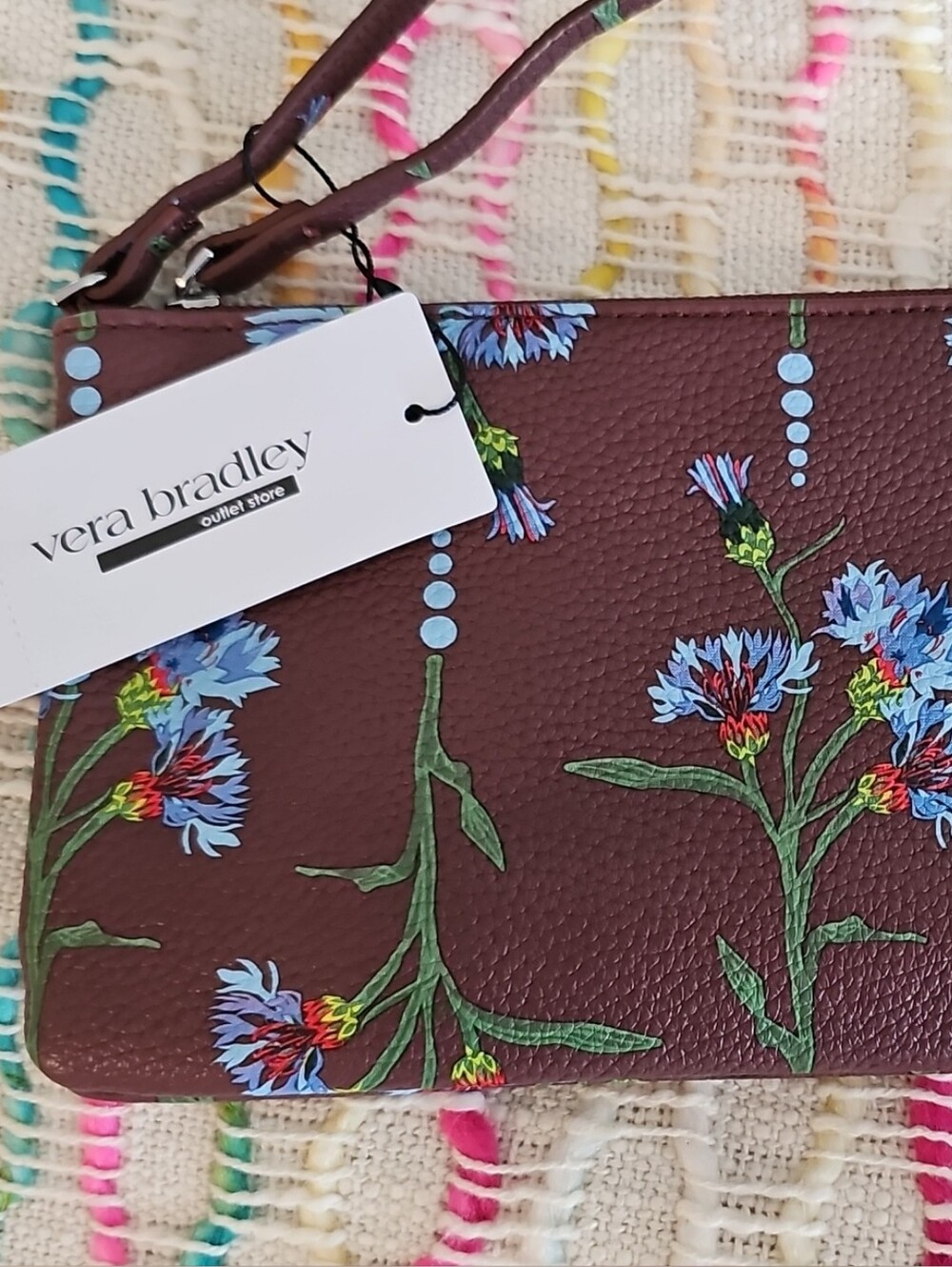 Vera Bradley Brown Floral Wristlet with Blue Bloom Print